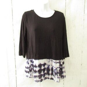 Cynthia Rowley Top M Medium Black Blue Tie Dye Layered Look 3/4 Sleeve